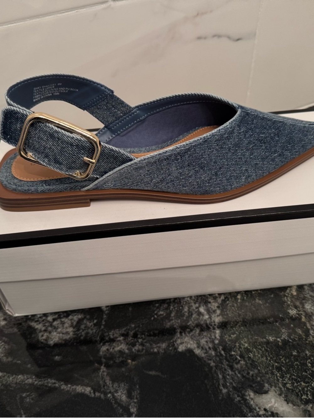 Steve Madden Denim Blue Slingback Mule with Gold Buckle
